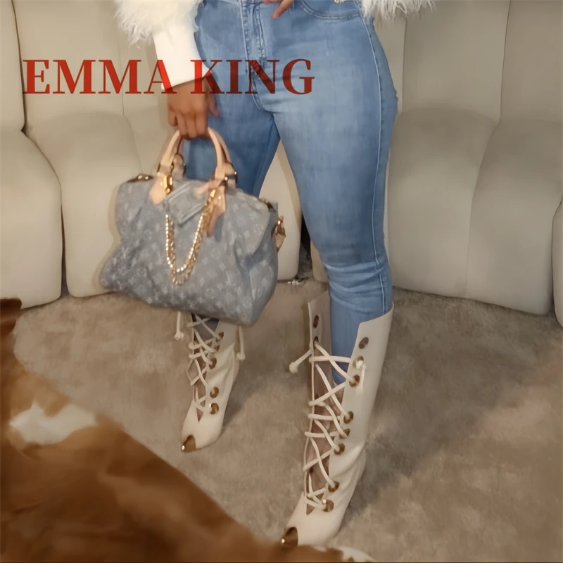 

Pointed Toe Lace Up Mid-calf Boots Sexy High Heels Patchwork Cross Tied Boots Big Size Luxury Design Women's Shoes