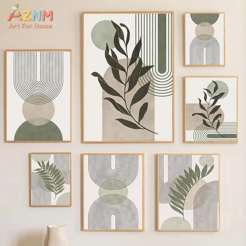 AZNM Boho Minimalist Botanical Leaf Wall Art, Sage Green Beige Geometric Rainbow Arch Canvas Print, Mid Century Modern Line Draw