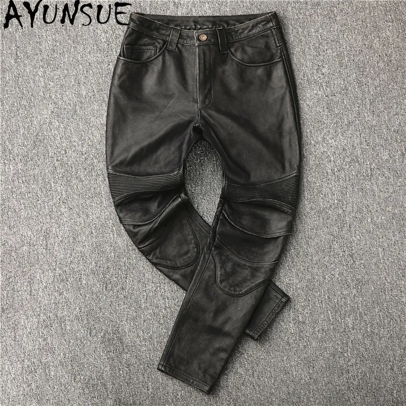 AYUNSUE Retro Stone‑Washed Genuine Leather Pants Man Biker Motorcycle Long Trousers Top Layer Cowhide Pants Men Clothing 바지 2026