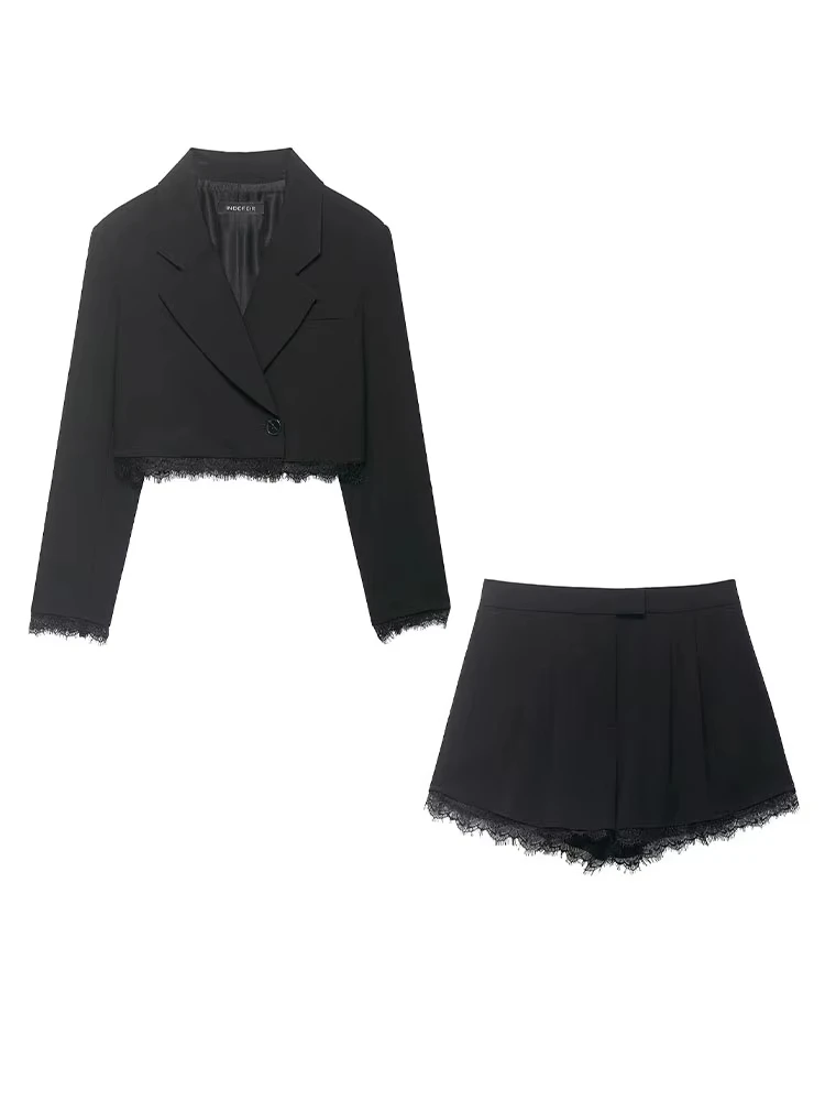 

Women Street Shorts Suit Fashion Lace Stitching Solid Lapel Long Sleeves Short Jacket+High Waist Zipper Casual Slim Shorts