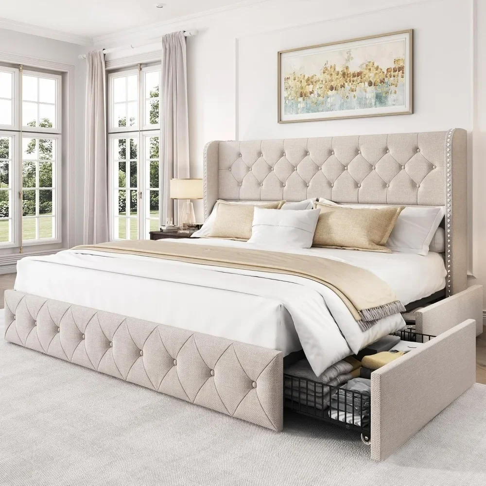 

4 Storage Drawers and Tufted Headboard Linen Upholstered Platform Bed Frame Wingback Beds with Wooden Slats Support