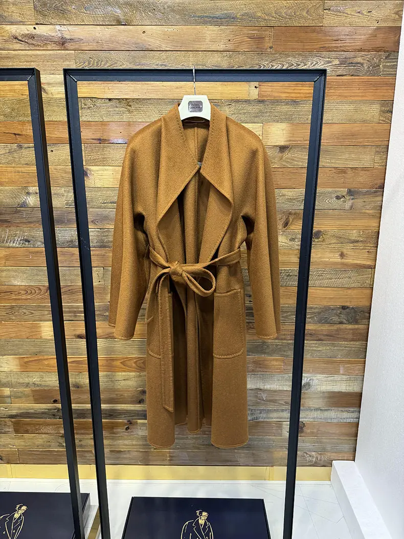 Max New Water Ripple Women's Long Autumn/Winter Stand up Collar Coat Stylish Strap Lilia Double sided Cashmere Coat for Women