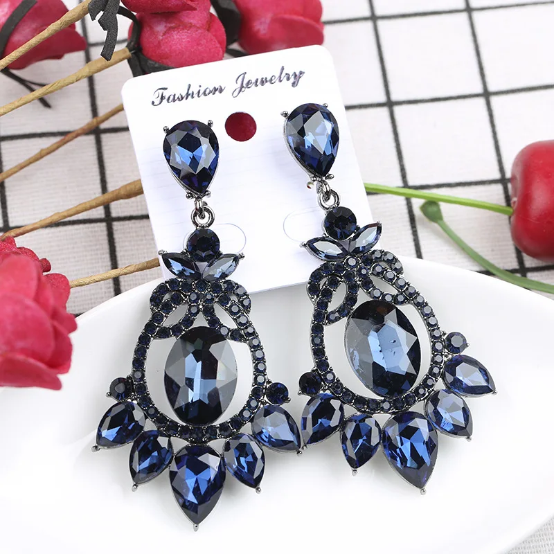 Vintage Jewelry Wholesale Prom Wedding Long Big Navy Blue Gem Stone Dangle Crystal Rhinestone Chandelier Earrings for Women