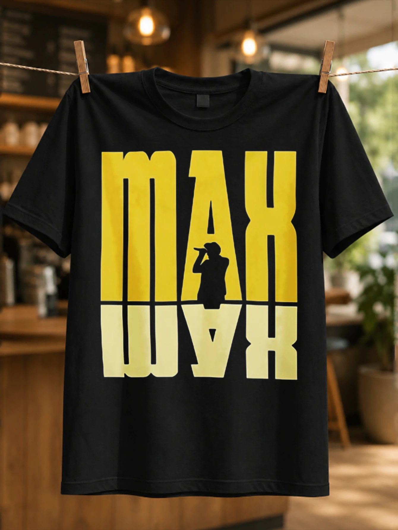 MAX yellow mirrored lettering with singer silhouette bold stage spotlight design retro concert  Unisex All T-Shirt