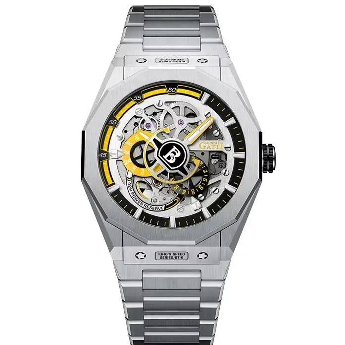 BONEST GATTI Men Automatic Watch 42mm Mechanical Wristwatch Sapphire Mirror Skeleton Dial Waterproof Luminous