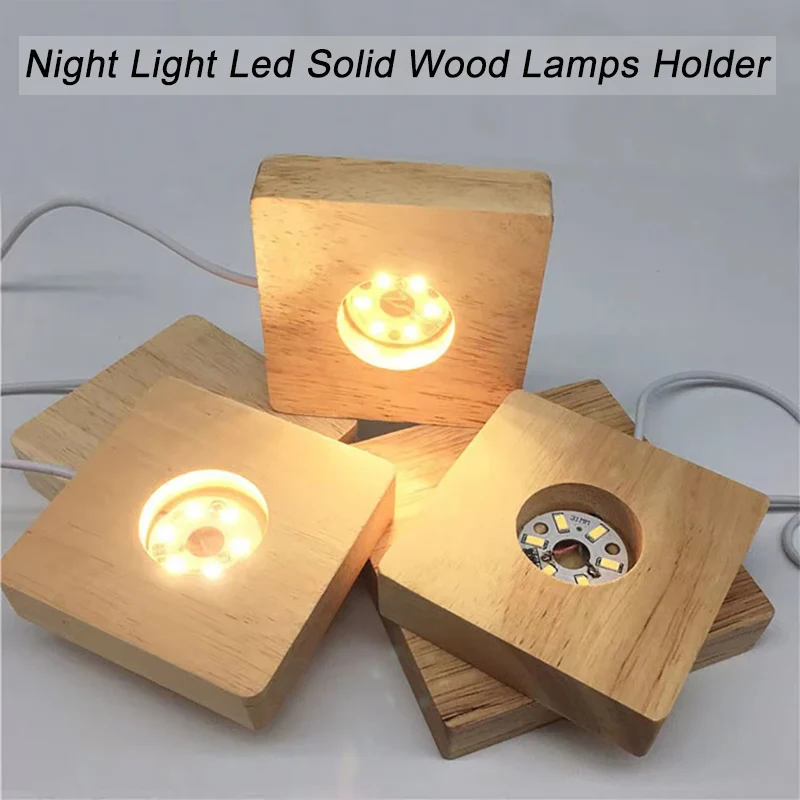 1PCS 6/8/10CM Square LED Luminous Solid Wood Base DIY Crystal Ball Night Lamp Base Rubber Wood USB  Plug-In With Switch Ornament