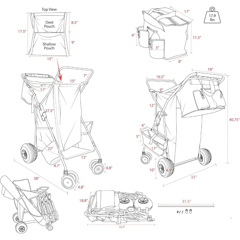Максимальная пляжная тележка с колесами для песка — тележка-багги с большими колесами, изолированная сумка-холодильник, доска для тела и держатель для зонта