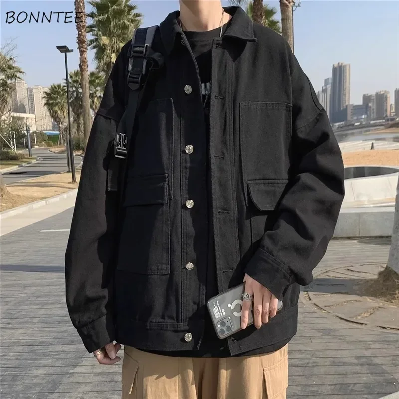 Autumn Cargo Jackets for Men Denim Fashion Baggy All-match Teens Trendy Pockets Outwear Ins BF Vintage Solid Simple Gentle Chic