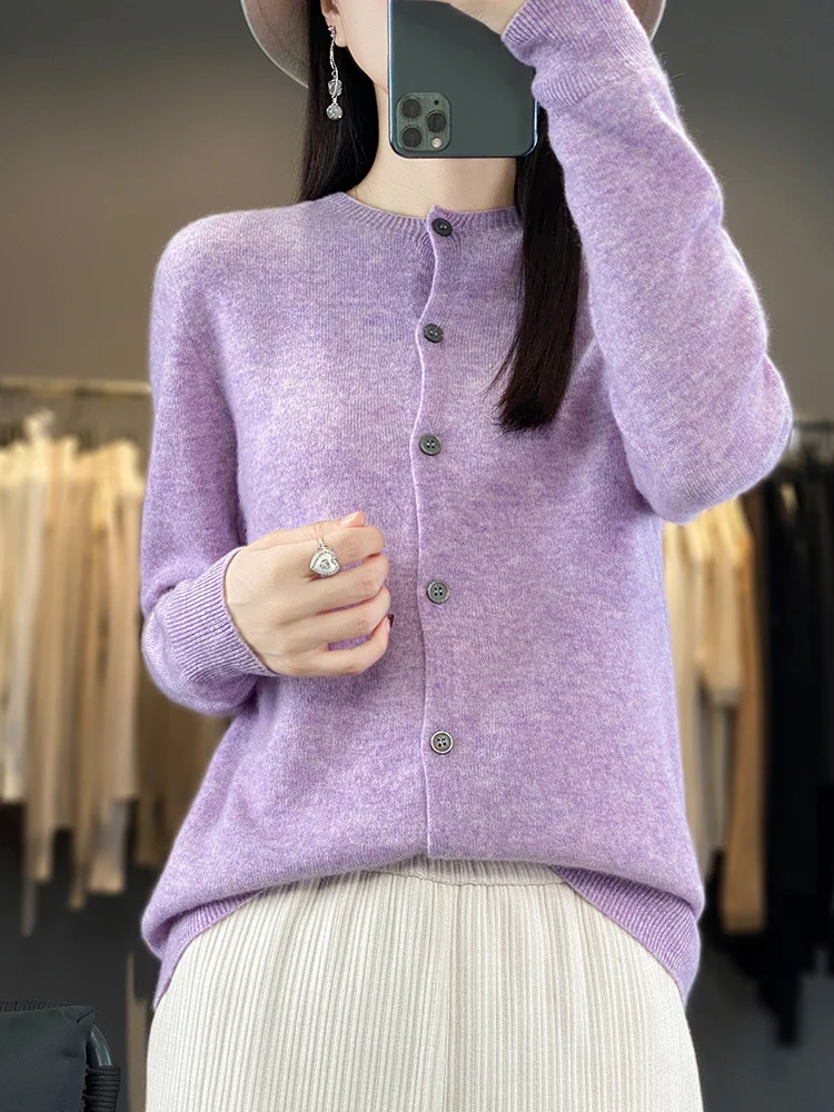 Autumn Winter O-neck Women Cardigan 100% Merino Wool High Quality Casual Solid Cashmere Sweater Long Sleeve Female Clothing Tops