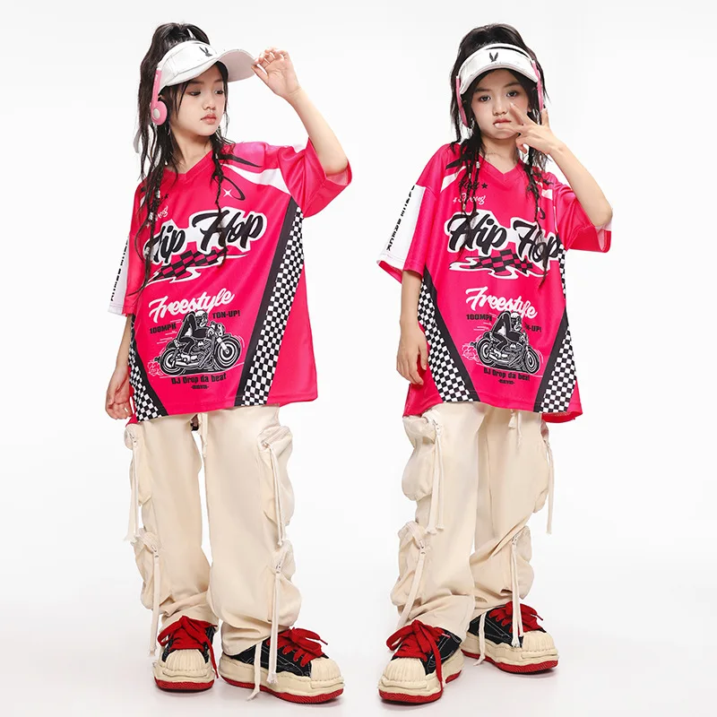 Disfraz de Hip Hop para niña, camiseta de baile de Jazz rosa, pantalones sueltos, traje de baile callejero, ropa de práctica, ropa de actuación para niños, ropa de escenario