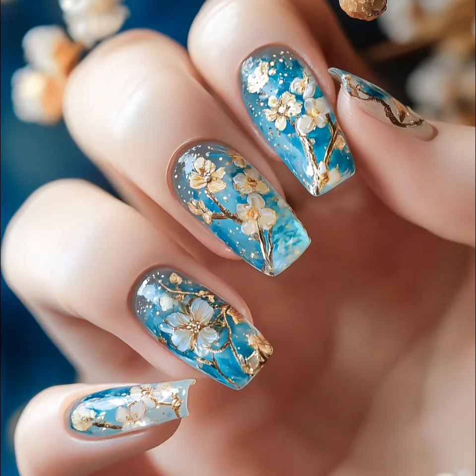 24pcs New Chinese Style Press On Nails Glossy Blue Medium Coffin Fake Nail With Orange Apricot Blossom Pattern Design False Nail