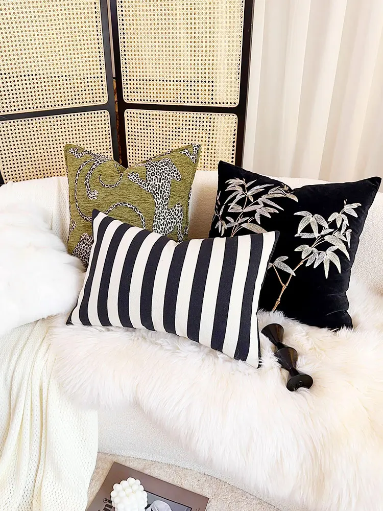 

Ретро-подушка с черно-белой вышивкой, современный китайский бамбуковый узор, декоративная квадратная подушка для дивана в гостиную