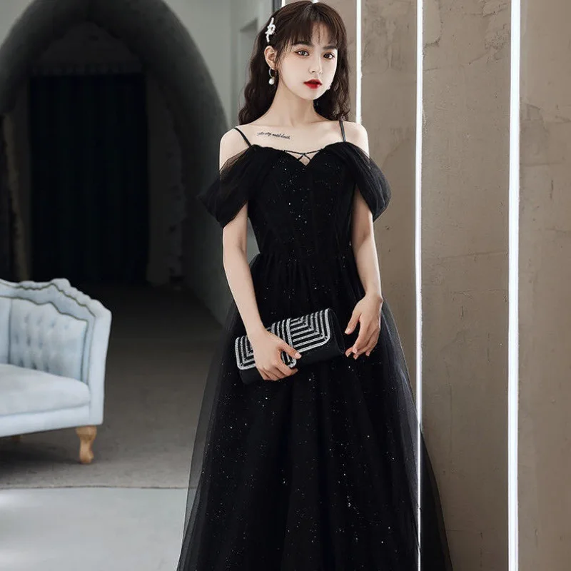 Black Evening Dress Banquet 2025 Spring and Autumn New Student Adult Ceremony Host Long One-shoulder Strap Dress  for Women