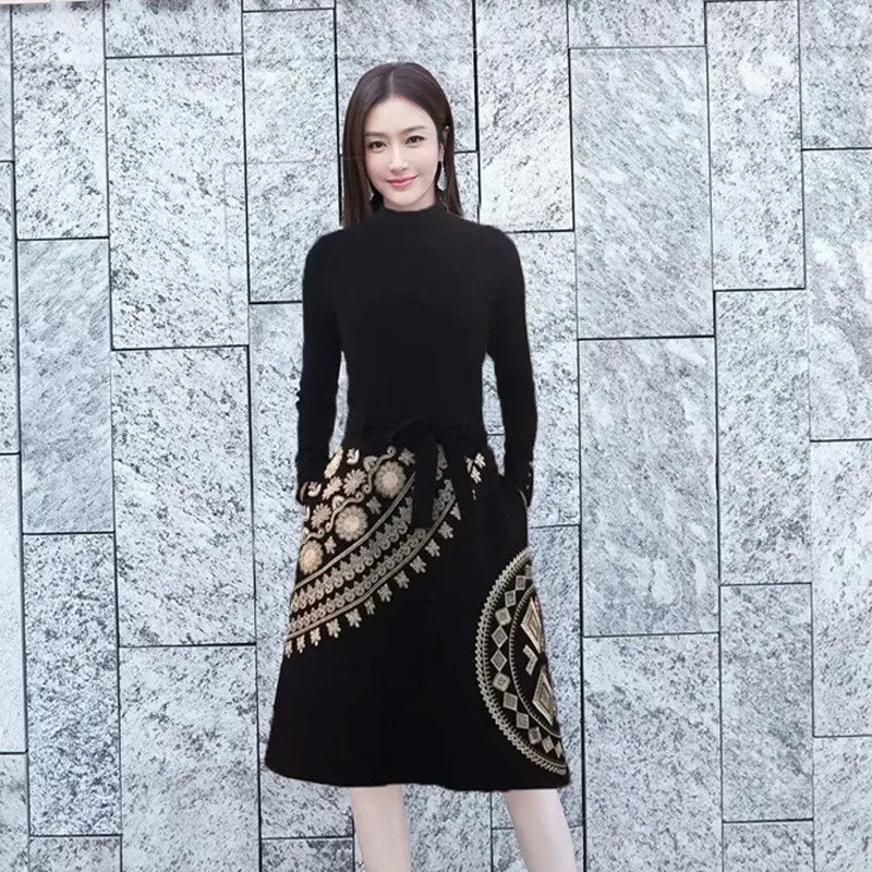 

Элегантное женское платье Kailing с высокой талией, вышивкой, приталенного силуэта, А-образного кроя, черное, модное, осенне-зимнее, высокого качества