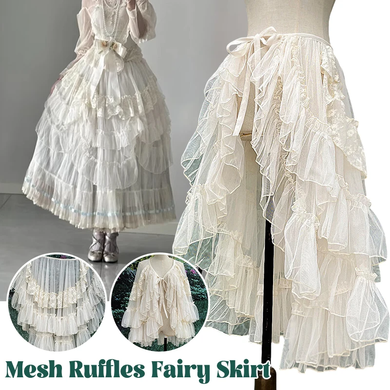 Double-layer Gothic Lolita Lace Mesh Ruffles Princess Party Skirt Women Asymmetrical Curtain Sheer Cover Up Thin Long Skirts