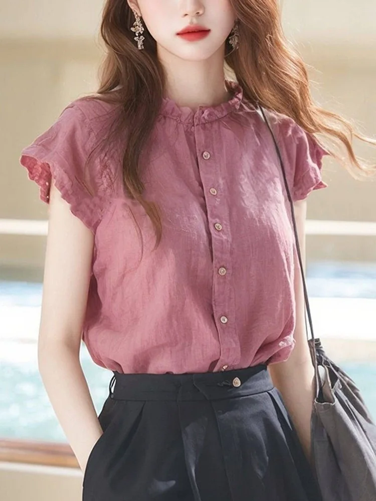 Lace Collar Linen Short Sleeve Blouse Women Unique Design Summer Casual Top