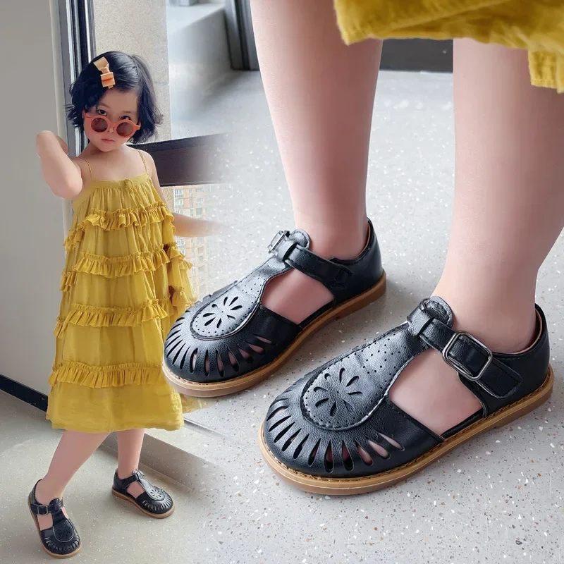 Girls Half Sandals 2024 Spring Summer British Style Children Beach Shoes Cut-outs Kids Flat Shoes Sandals 22-36 Princess Vintage