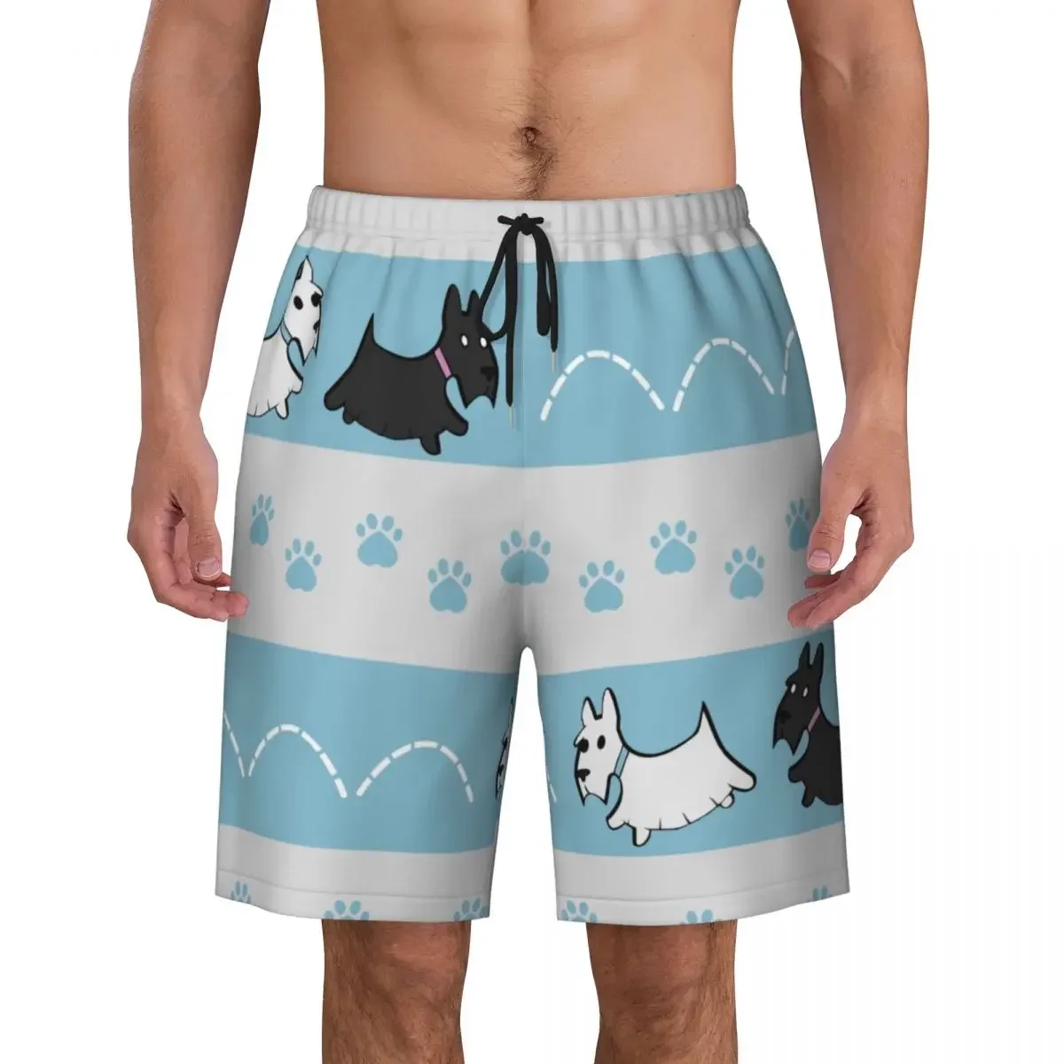 Cute Scotties Pattern Boardshorts Men Quick Dry Board Shorts Scottish Terrier Dog Swim Trunks Custom Printed Swimwear Suits