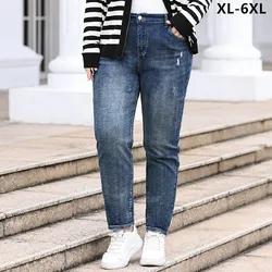 Plus Size Women Jeans 6XL 110KG Stretched Classic Denim Trousers 5XL 4XL Loose Big Female Retro Girl High Waist Pencil Pants