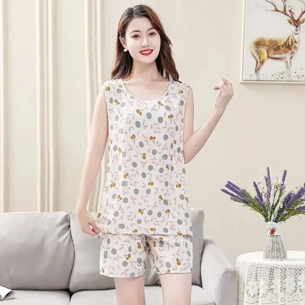 ファッションかわいい女性のパジャマセット花柄プリント格子花柄パジャマルーズラウンドネックツーピースナイトウェア春夏
