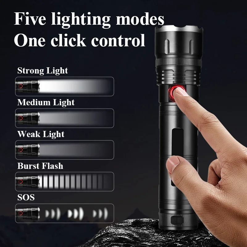 Powerful Spotlight Long Range LED Flashlight Strong Light Lamp Tactical Torch Lantern Built-in Battery Type-C Charging Torch