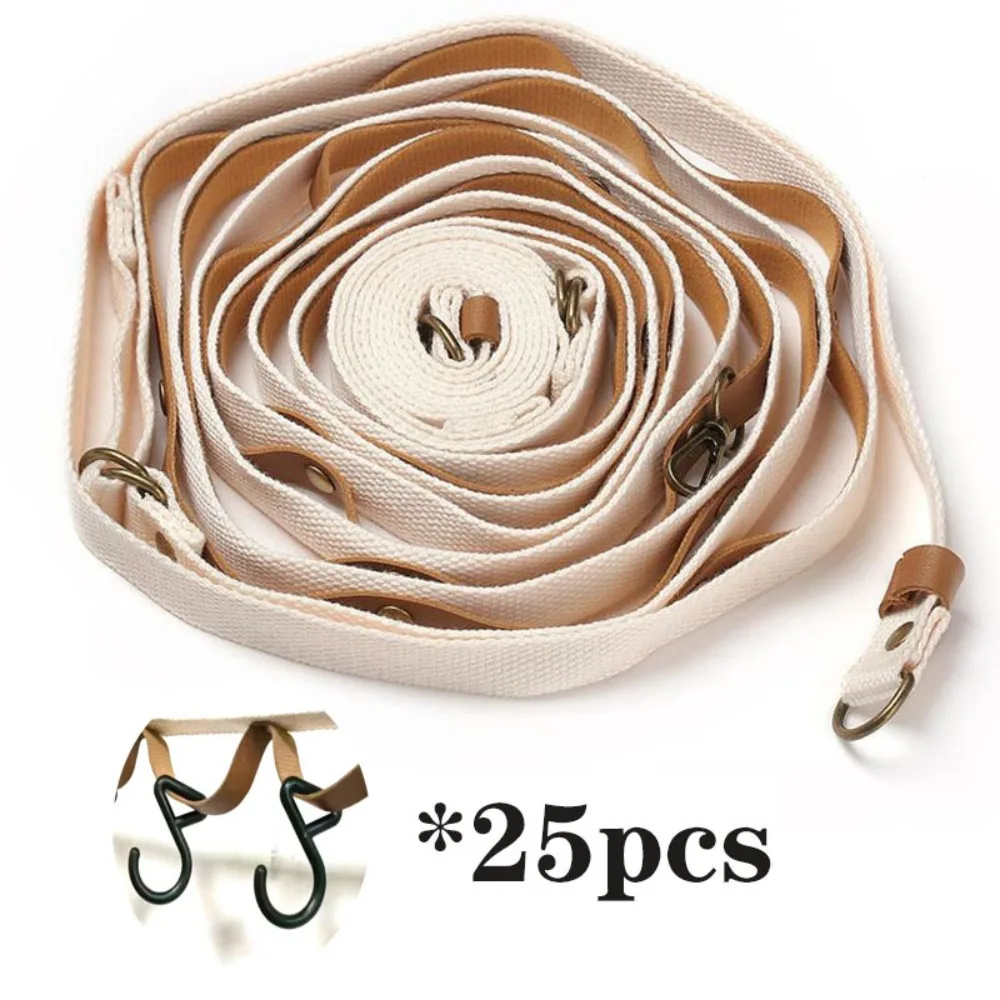 5M Camping Tent Awning Webbing Strap PU Leather Reinforced Hanging Rope Multi‑Hole Clothes Line with 25Pcs Hooks Outdoor Gear