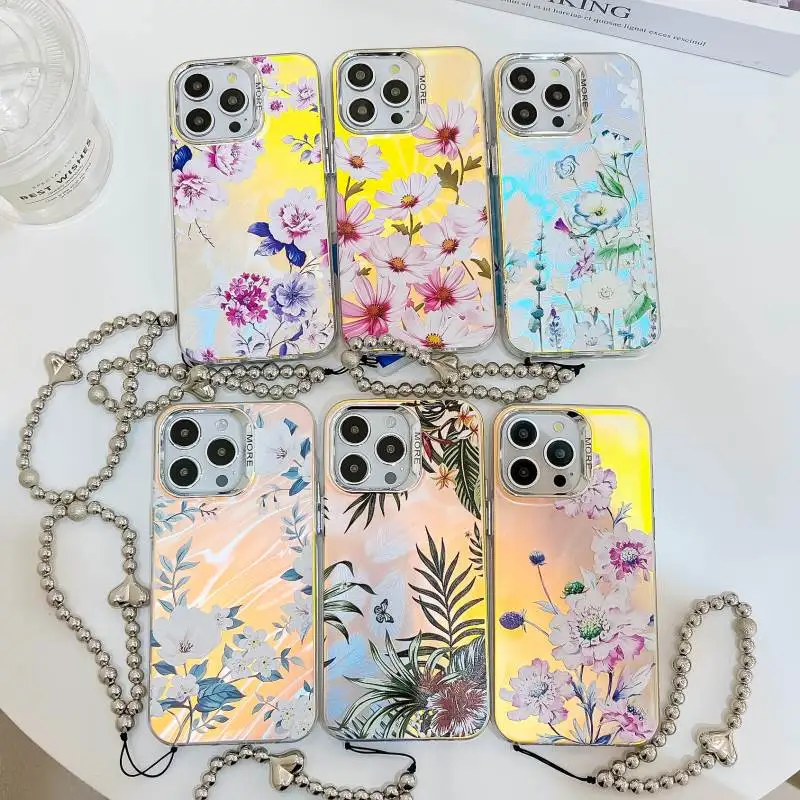 Gradual Colors, Electroplate Laser Frosted IMD Phone Case for iPhone 15 Pro Max, 14, 13 Flower Case With Lanyard, Cover, Plating