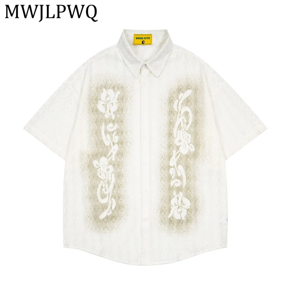

MWJLPWQ Printed Transparent Short-Sleeve Shirt For Men Loose Casual Lace Breathable Quick-Drying Summer Tops Trendy Vibe 13692