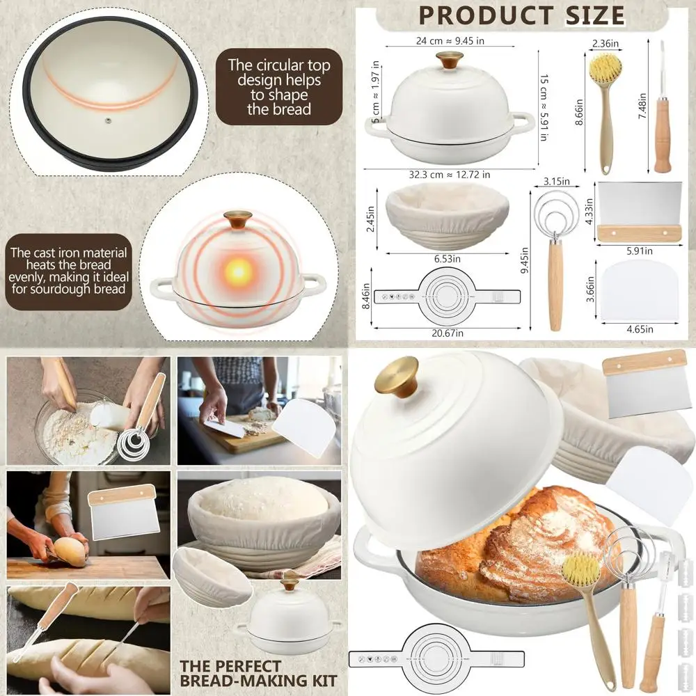 

4 Quart White Enamel Cast Iron Dutch Oven with Lid and Bread Proofing Basket for Sourdough Baking and Roasting