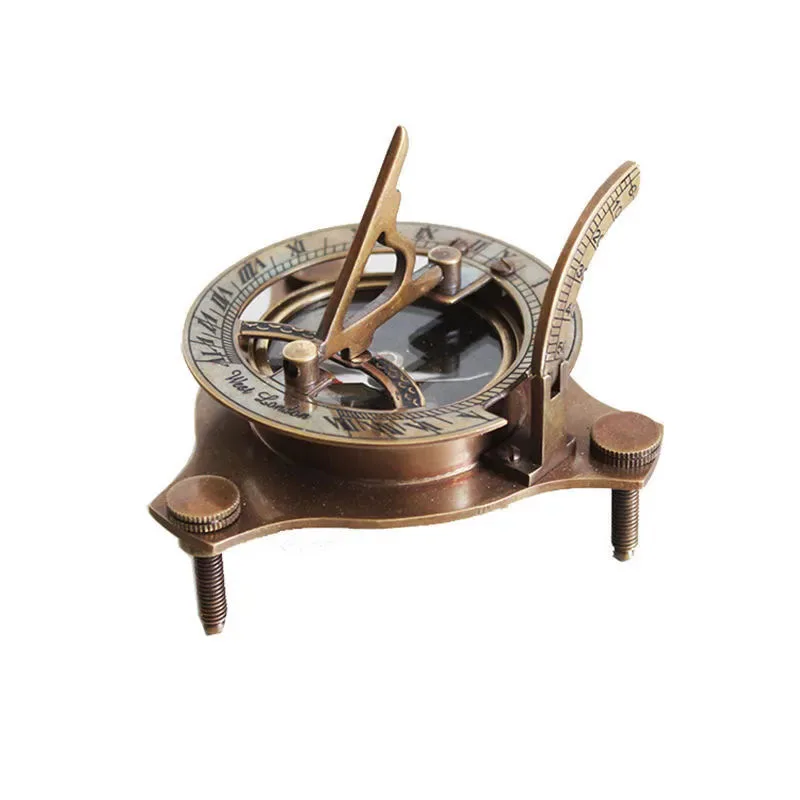 Indian Pure Copper Nautical Sundial with Compass, Retro Nostalgic, Antique Model, Marine Photography Props, Desktop Ornament