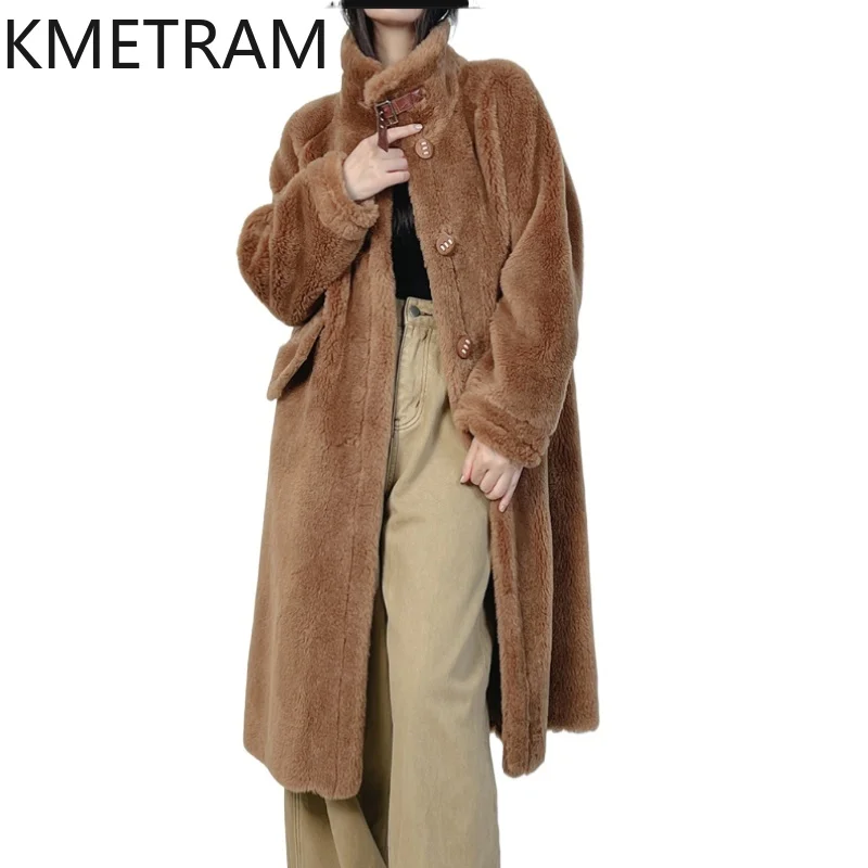 

KMETRAM 100% Wool Coats for Woman High Quality Stand Collar Long Coat Winter Clothes Warm Furry Jacket 2025 пальто женское
