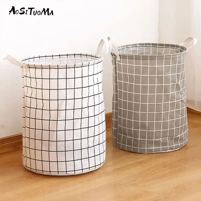 Household Dirty Clothes Basket Toy Storage Bucket Plaid Fabric Cotton Linen Dirty Clothes Basket Large Foldable Waterproof Stora