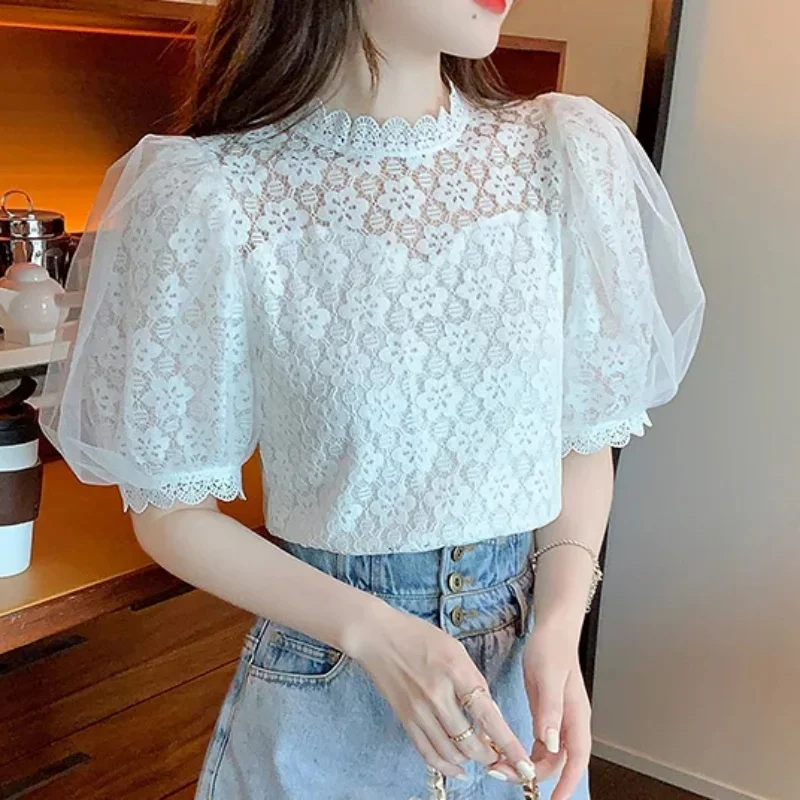 Summer Hollow Out Short Puff Sleeve White Blouse Sweet Lace Shirt Fashion Elegant Stand Collar Tops