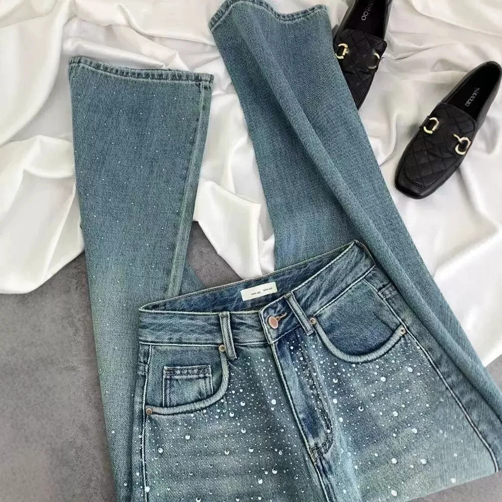 

New Autumn Rhinestone Jeans for Women High Waist Shiny Straight Leg Trousers American Fashion High Street Blue Denim Pants