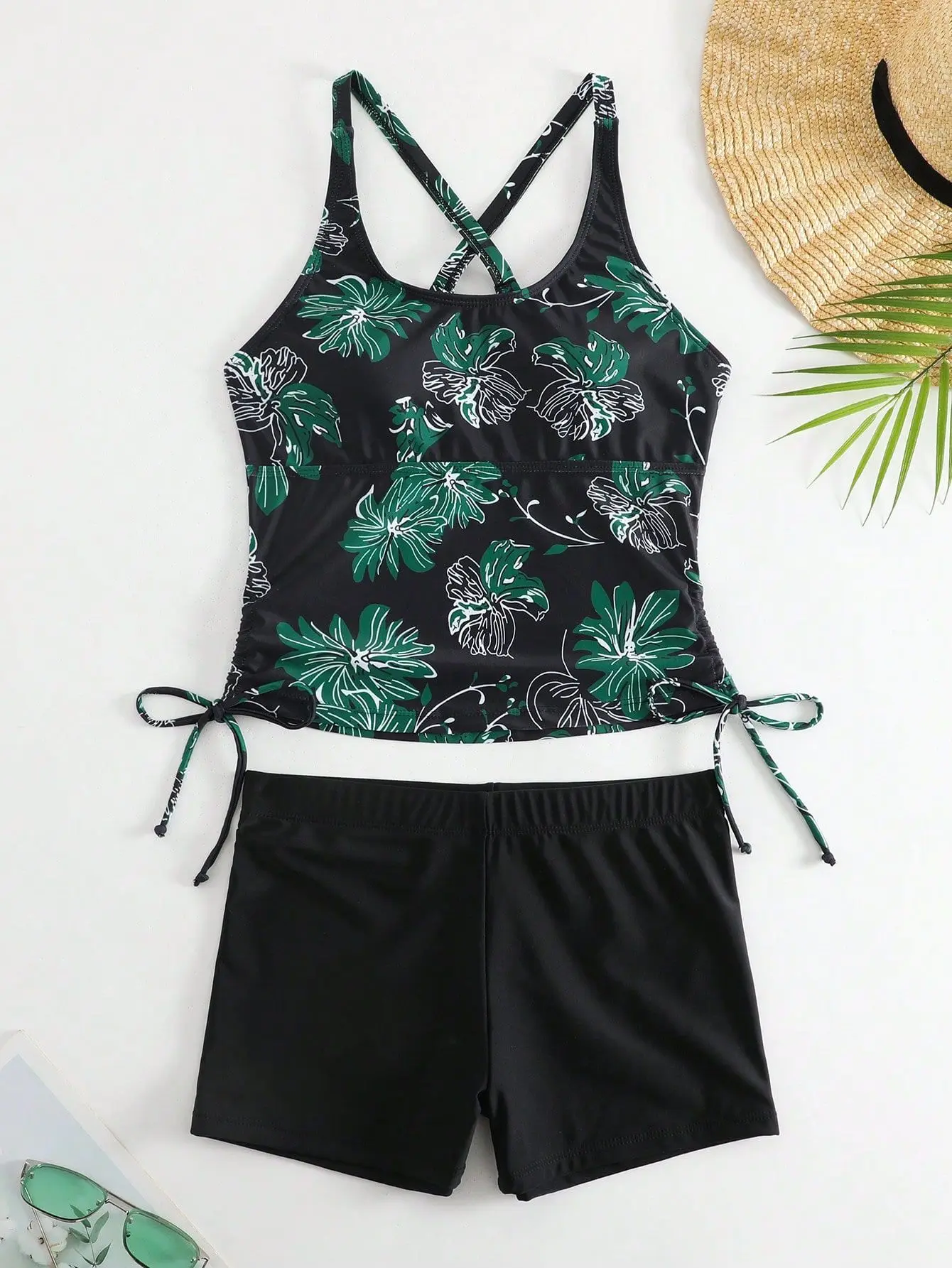 Cikini-Classy Random Floral Print Tankini Set, Crisscross Back Drawstring Tank Top, Boxer Shorts, 2 Piece Swimsuit