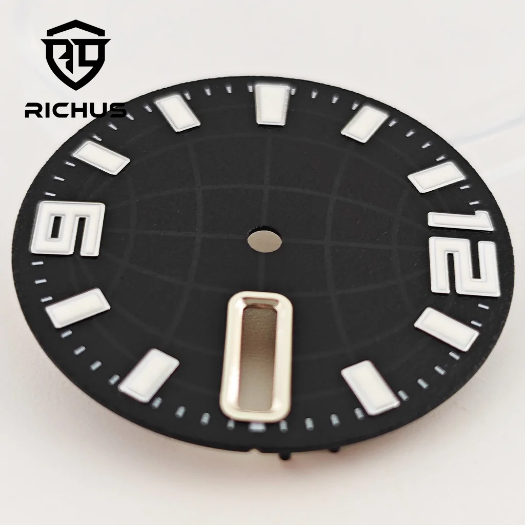 Циферблат часов RICHUS NH36 Черный циферблат 28,5 мм ​   Зеленый светящийся циферблат, подходит для механизма NH36, 3-часовая заводная головка, заводная головка на 3,8 часа