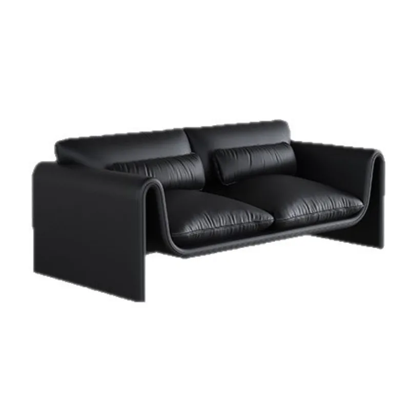 

Sofa living room simple double triple black leather Italian minimalist sofa