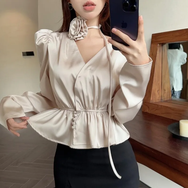 

Versatile Casual Simple Pure Lust Satin Floral V-neck Temperament Slim Shirt Top