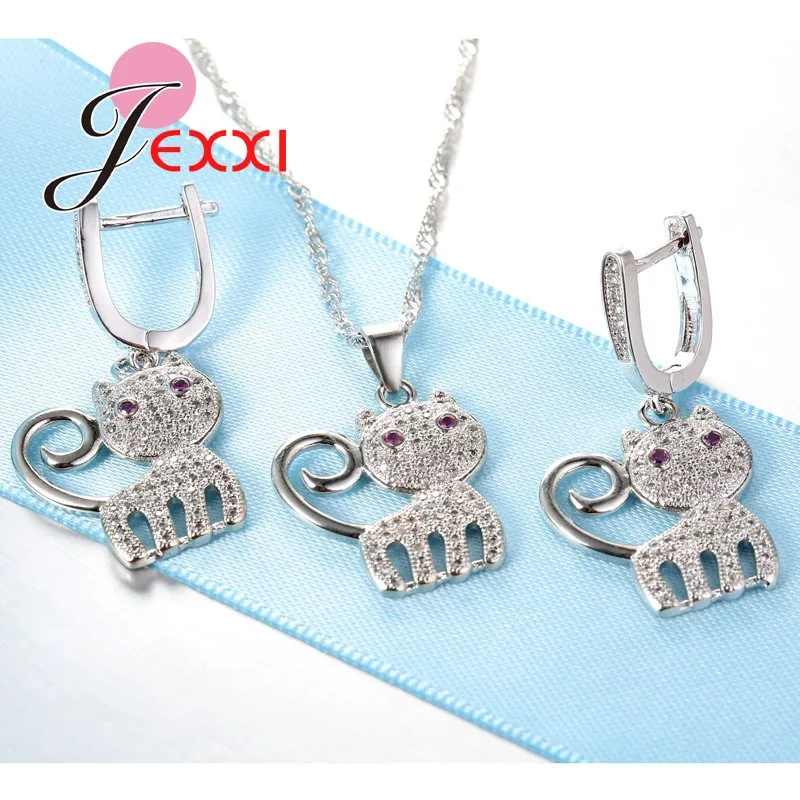 Top Quality Cute Cat Crystal 925 Sterling Silver  Jewelry Set For Female Women Necklaces Earrings Bridal Jewellery Sets