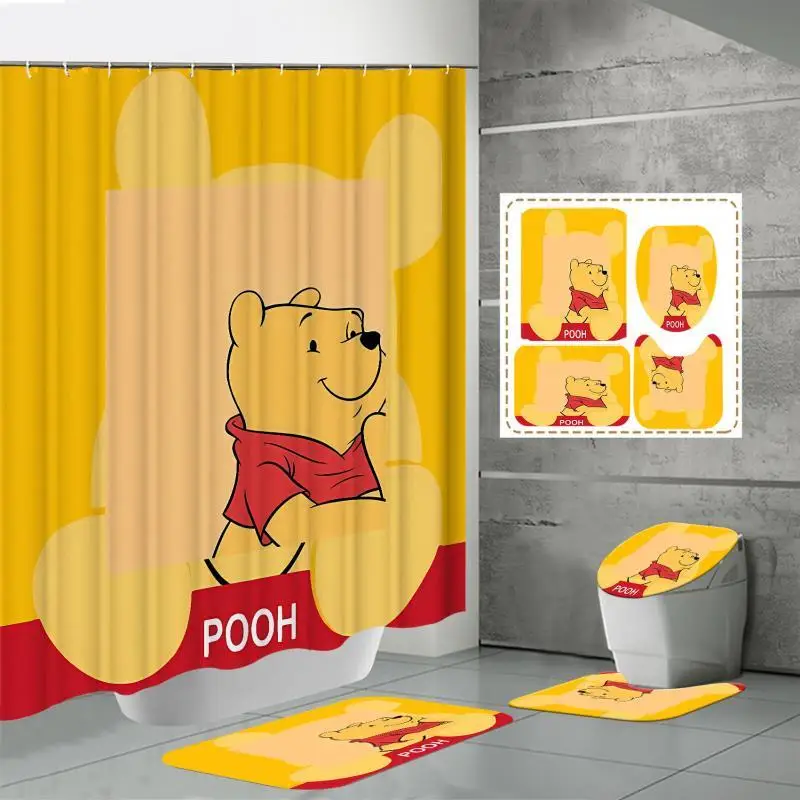 Disney Shower Curtain Four Piece Set Winnie The Pooh Bathroom Printing Water Proof Shower Curtain Carpet U-Shaped Pad Wholesale