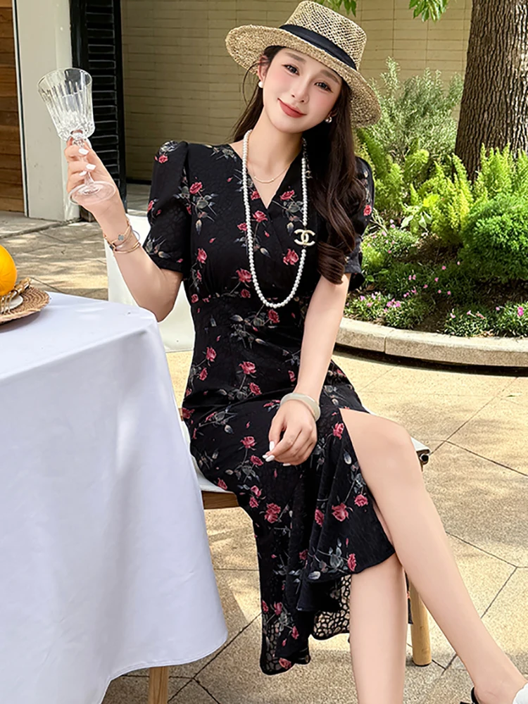 Feminino coreano vintage bodycon festival vestido de verão preto floral chique babados sereia vestido 2025 elegante luxo festa noite vestido
