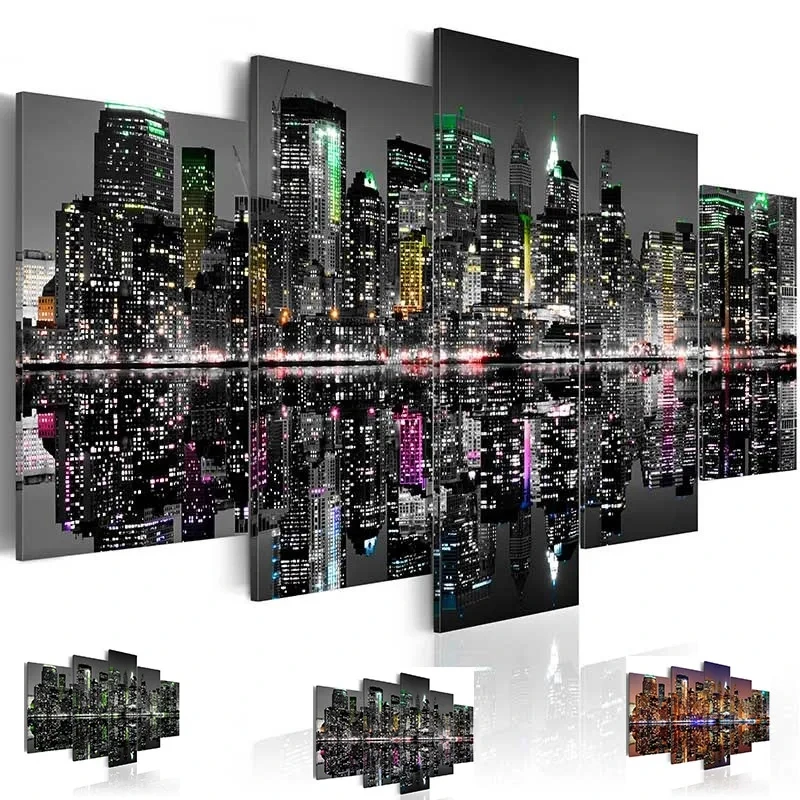 City Night Scenery Diy diamond Painting Full Diamond Mosaic Embroidery Puzzle Art New York Cityscape Building 5 Panels