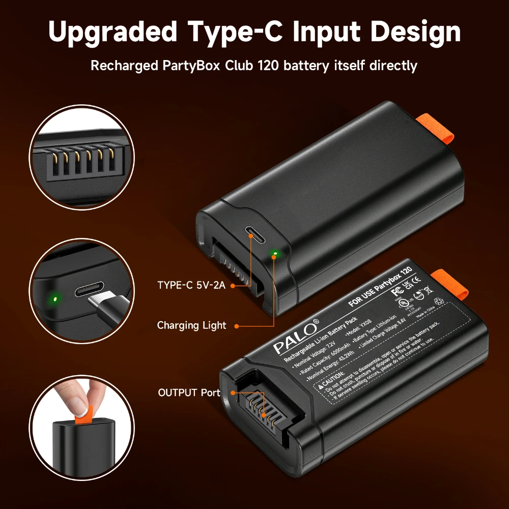 6000mAh Spare Battery For JBL PartyBox Club 120 Battery JBL Battery 200 Spare Battery with TYPE-C Input For Portable Speaker