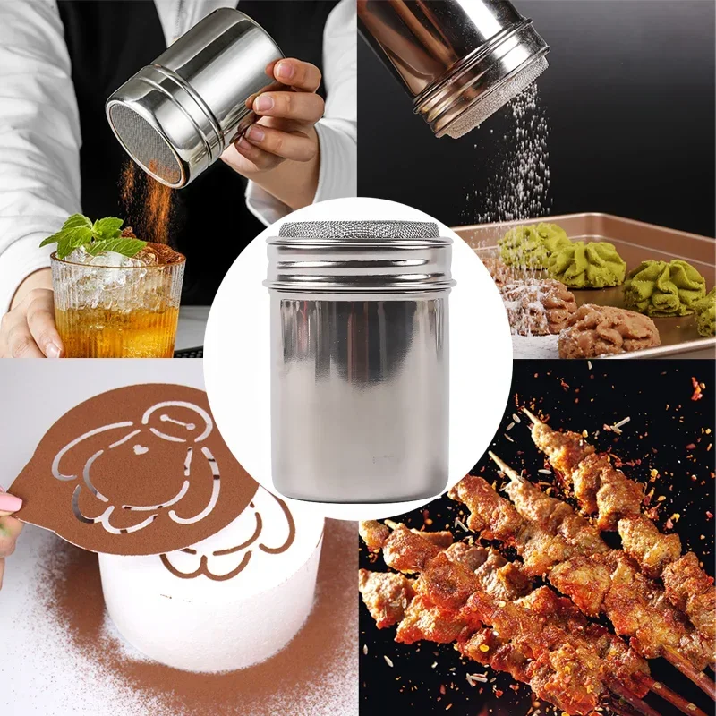 Stainless Steel Chocolate Shaker Cocoa Flour Icing Sugar Powder Coffee Sifter With Lid +16Pcs Coffee Template Strew Flower Pad