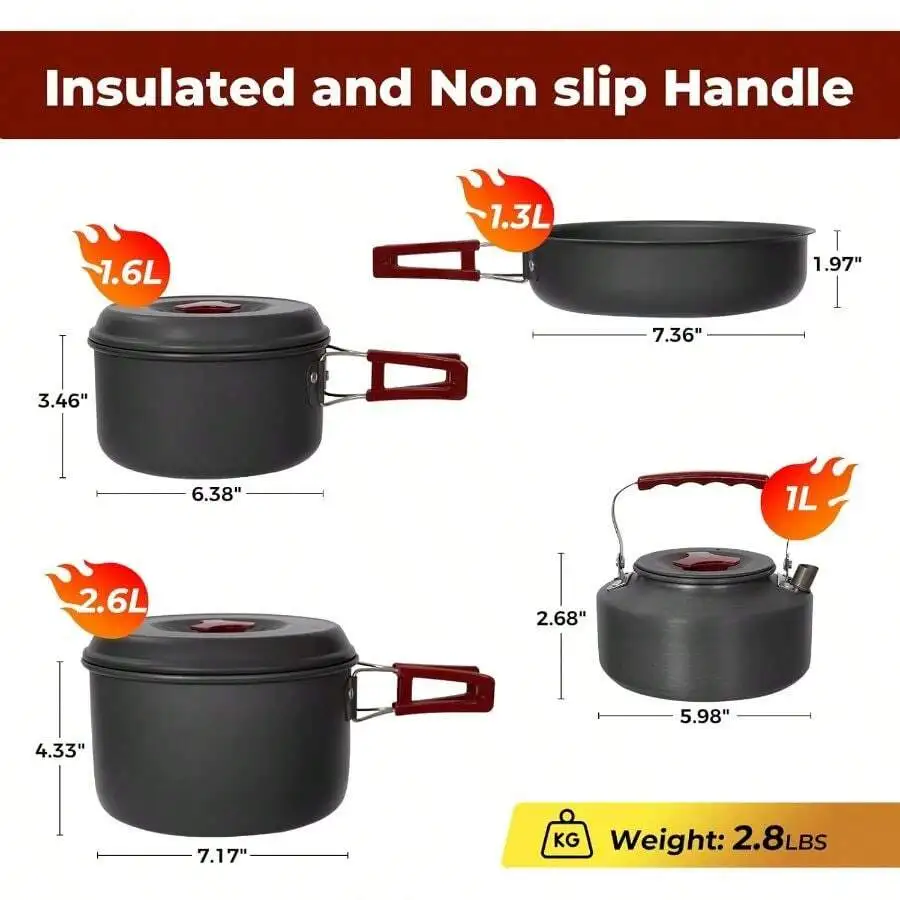 24/13/11/8/4 PCS Camping Cookware Mess Kit Lightweight Backpacking Cooking Set Outdoor Cook Gear Family Hiking, Picnic(Kettle, P
