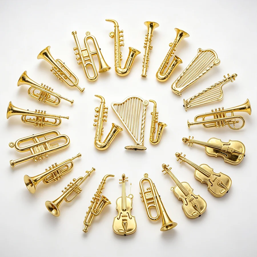 16pcs Mini Golden Musical Instrument Decor, Multi Style Tiny Orchestra Instrument Models, Micro Dollhouse Scene Accessory XJM
