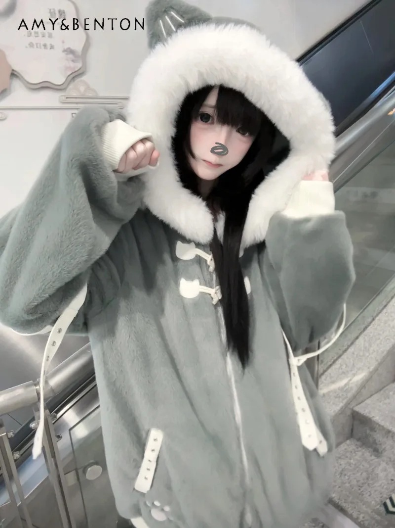 

Original Japanese Kawaii Cat Ear Hooded Plush Jacket Anime Girl Cute Embroidery Leather Buckle Thickened Cotton Coat Winter