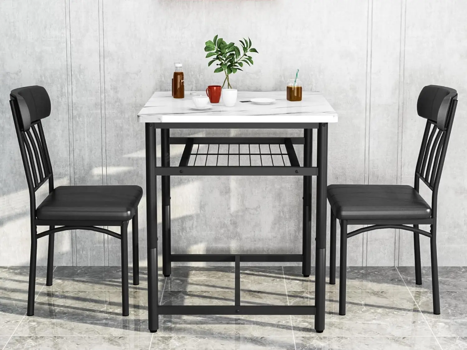 Lamerge 3-Piece Marble Table And Chairs Set, Kitchen Table And Leather Chairs For 2 People, Built-In Wine Rack For Small Space,