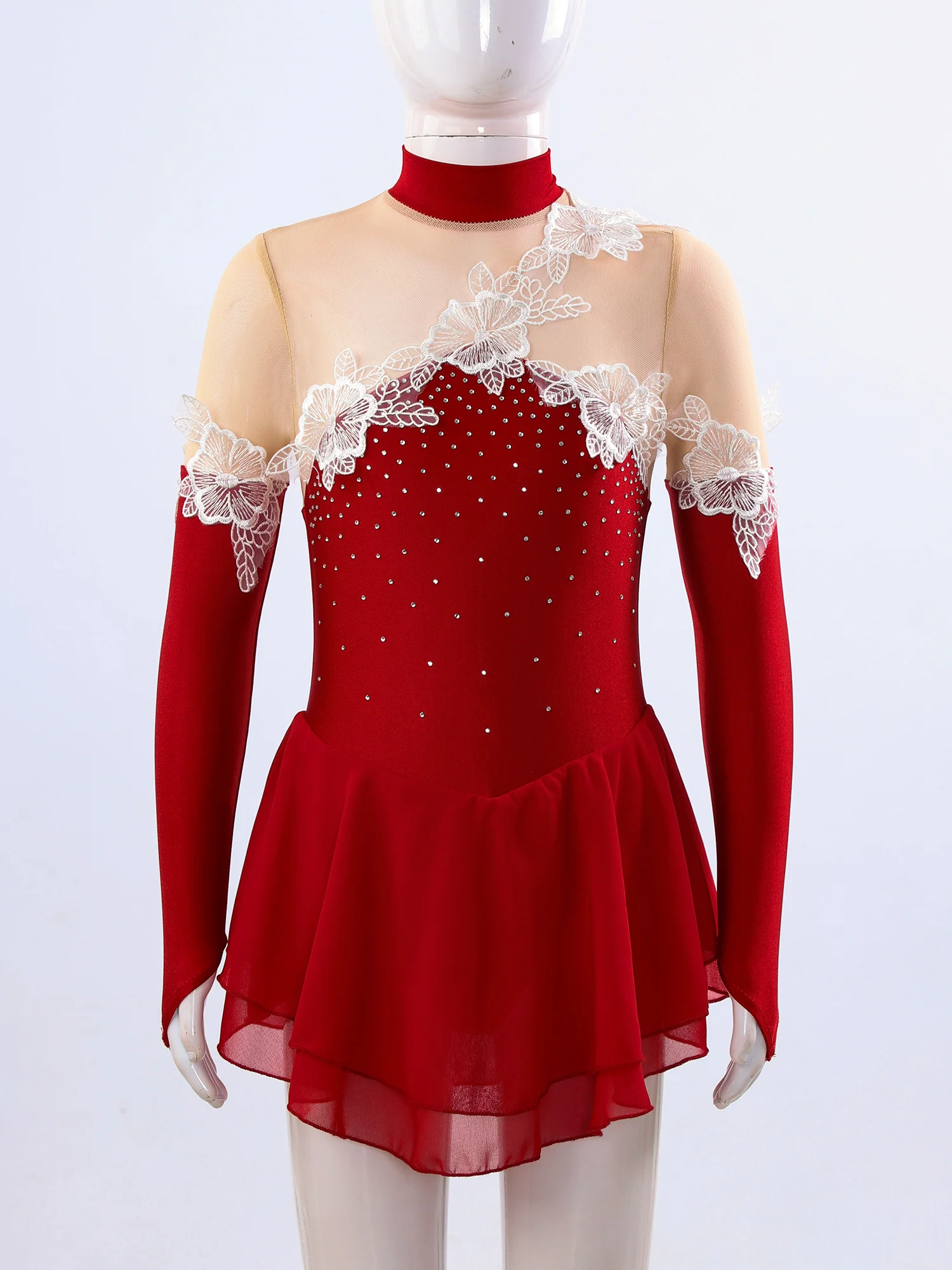 Kids Girls Applique Rhinestone Ballet Dance Dress Long Sleeve Gymnastics Skirted Leotard Competition Figure Ice Skating Costume