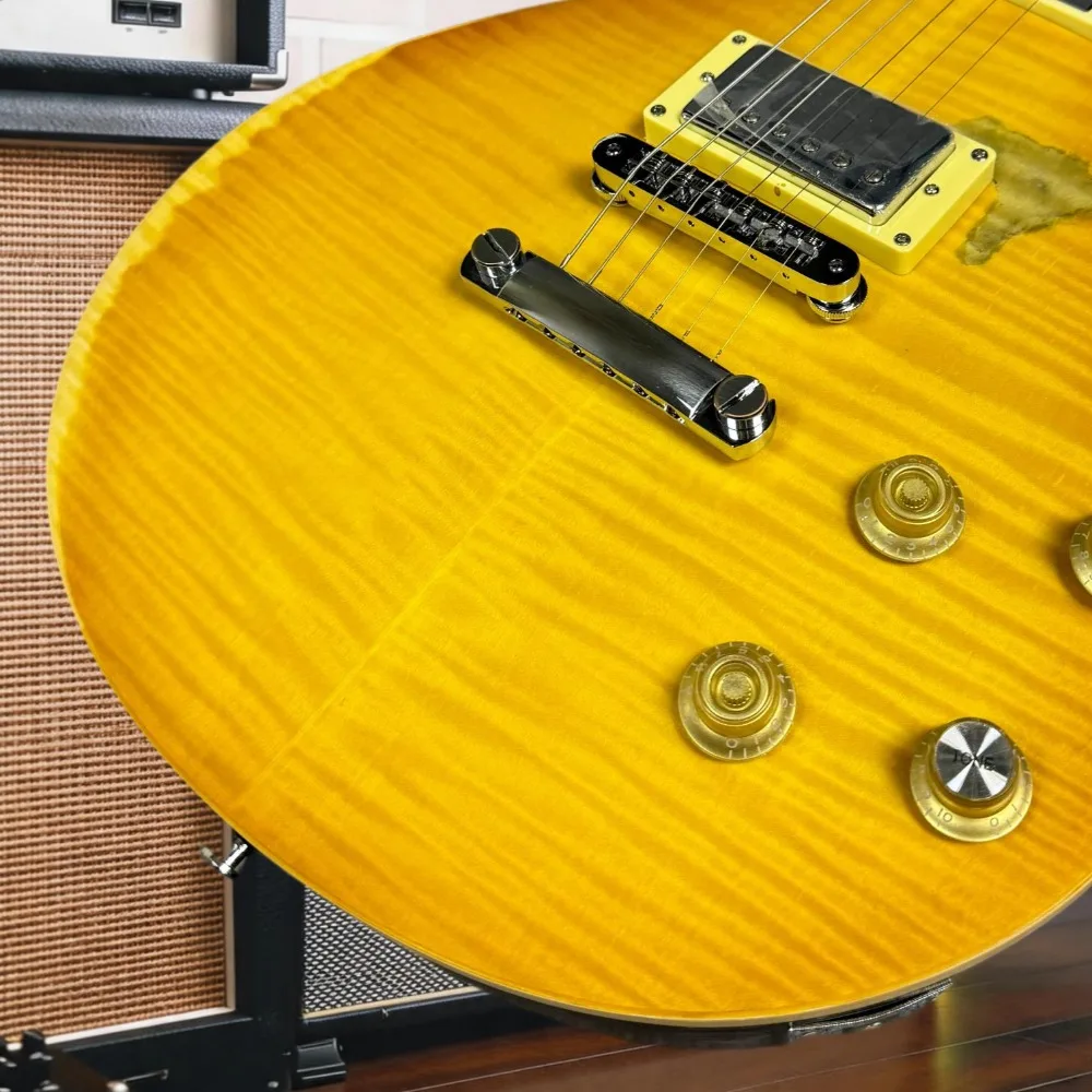Single Cut LPQ Electric Guitar Lemon Burst Gloss Top Aged Back Tiger Flame Maple Veneer 2 Humbuckers Hard Rock Guitarra
